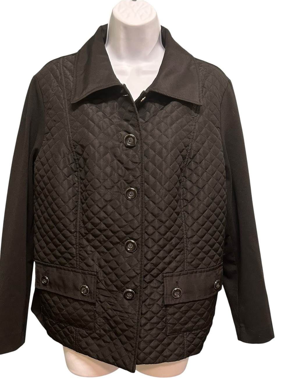 Alia Black Quilted Jacket Size M Petite Button Front Stretchy Mixed Media